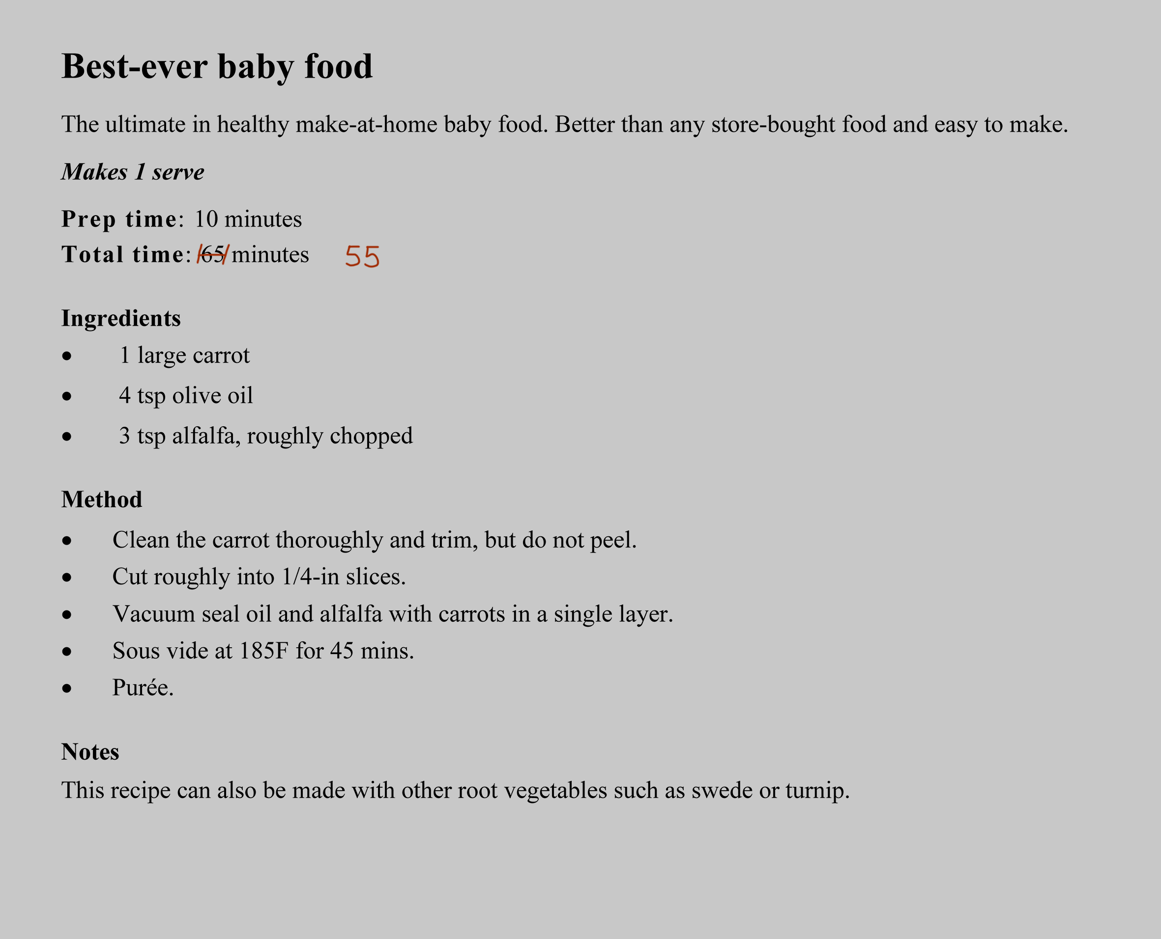 A printed recipe with handwritten notes, the kind you import by photo