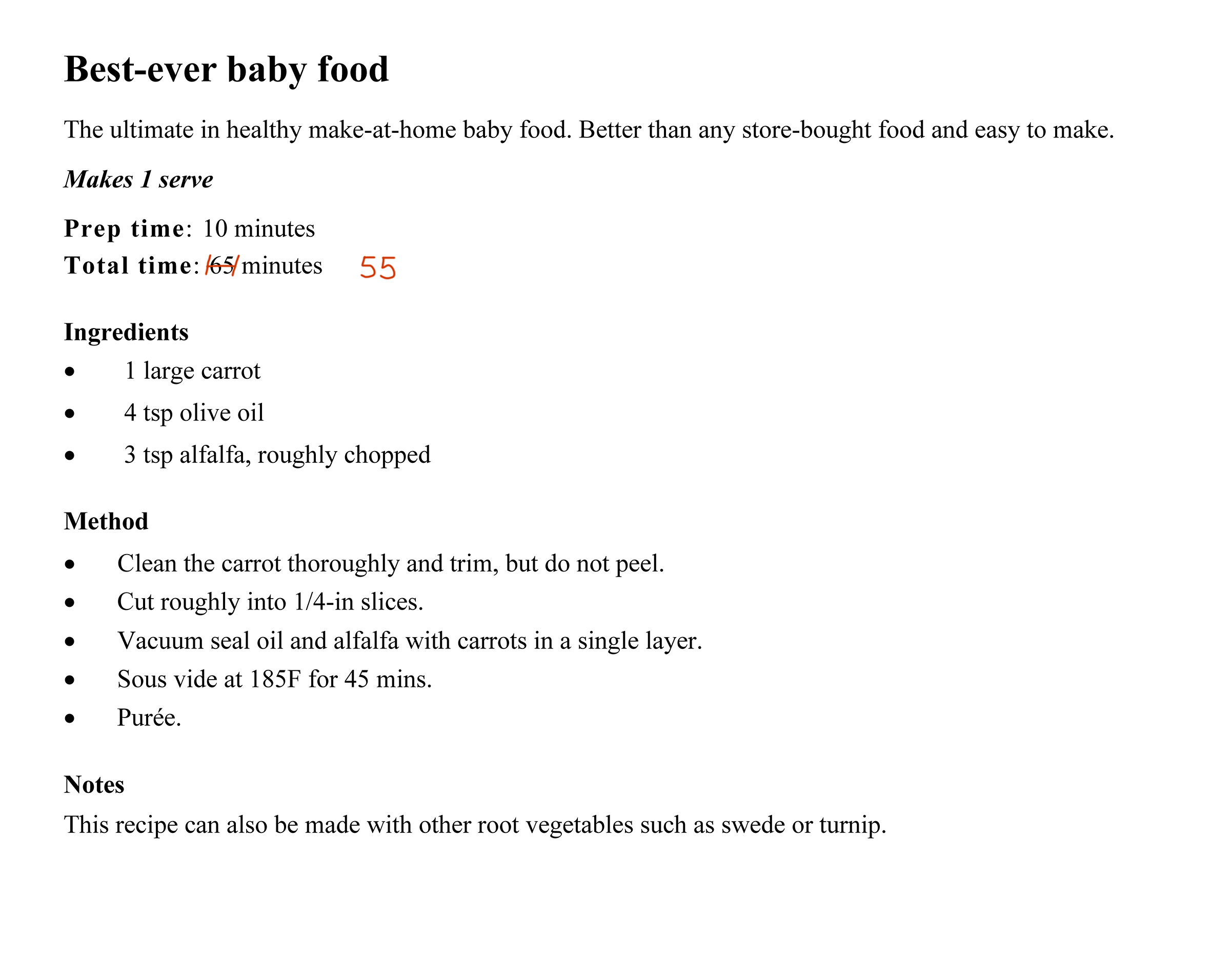 A printed recipe with handwritten notes, the kind you import by photo